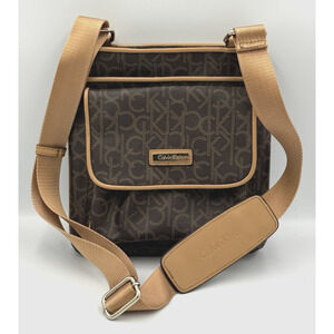 Calvin Klein Crossbody Messenger Bag Brown Monogram Logo Tan Strap Purse